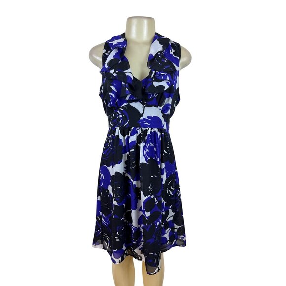 Trulli Women’s Blue Floral Sleeveless A-Line Dress With Ruffled Neckline Sz M - Picture 1 of 9